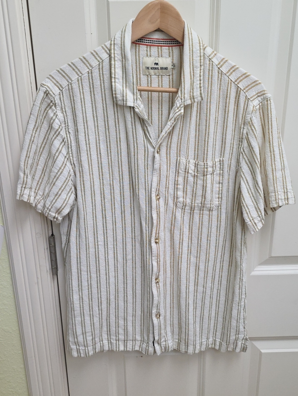 The Normal Brand Men's Short Sleeve Button-Up Shirt - Cream & Beige Stripes